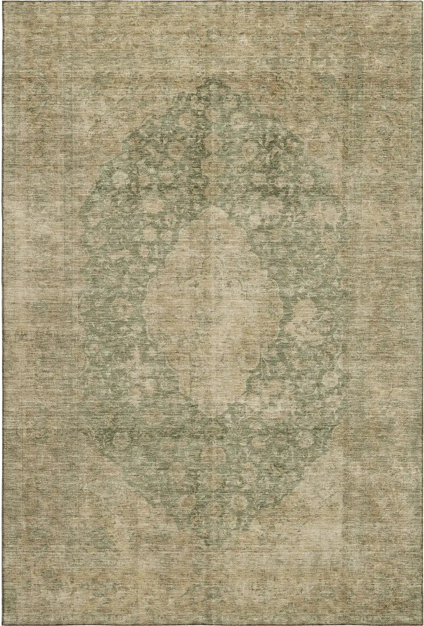 Artichoke Green Beige And Tan Medallion Washable Area Rug With UV Protection Photo 4