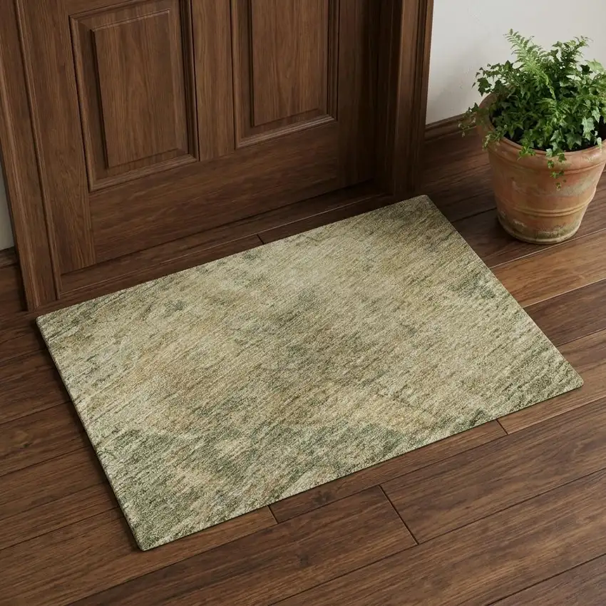 Artichoke Green Beige And Tan Medallion Washable Area Rug With UV Protection Photo 1