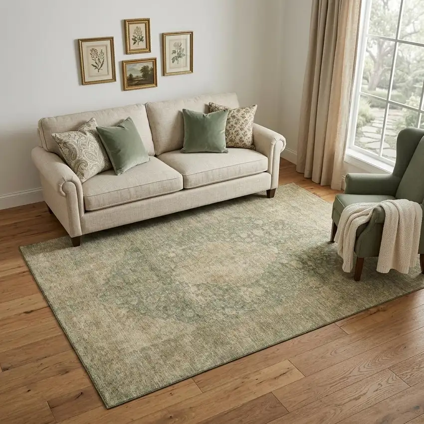 Artichoke Green Beige And Tan Medallion Washable Area Rug With UV Protection Photo 1
