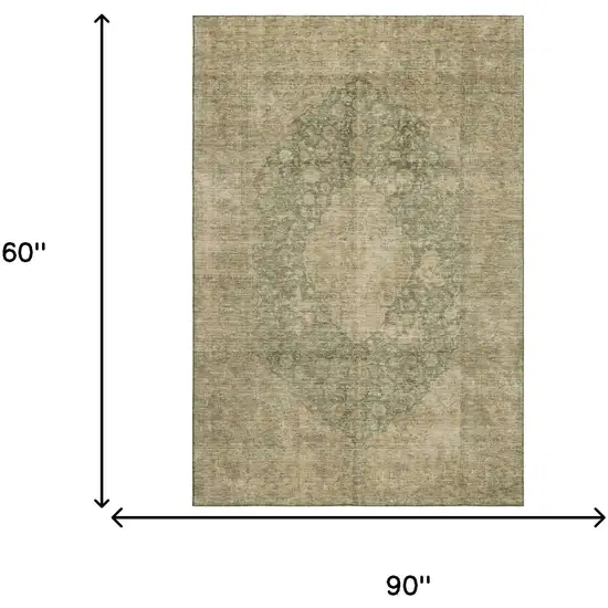 Artichoke Green Beige And Tan Medallion Washable Area Rug With UV Protection Photo 6