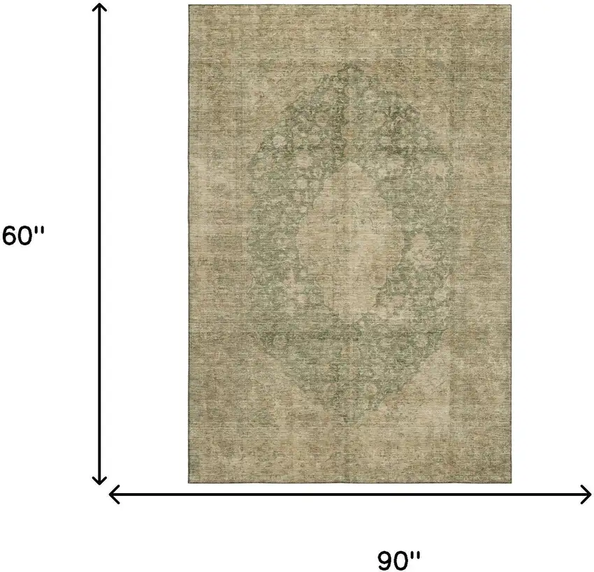 Artichoke Green Beige And Tan Medallion Washable Area Rug With UV Protection Photo 6