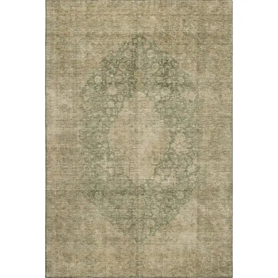 Artichoke Green Beige And Tan Medallion Washable Area Rug With UV Protection Photo 4