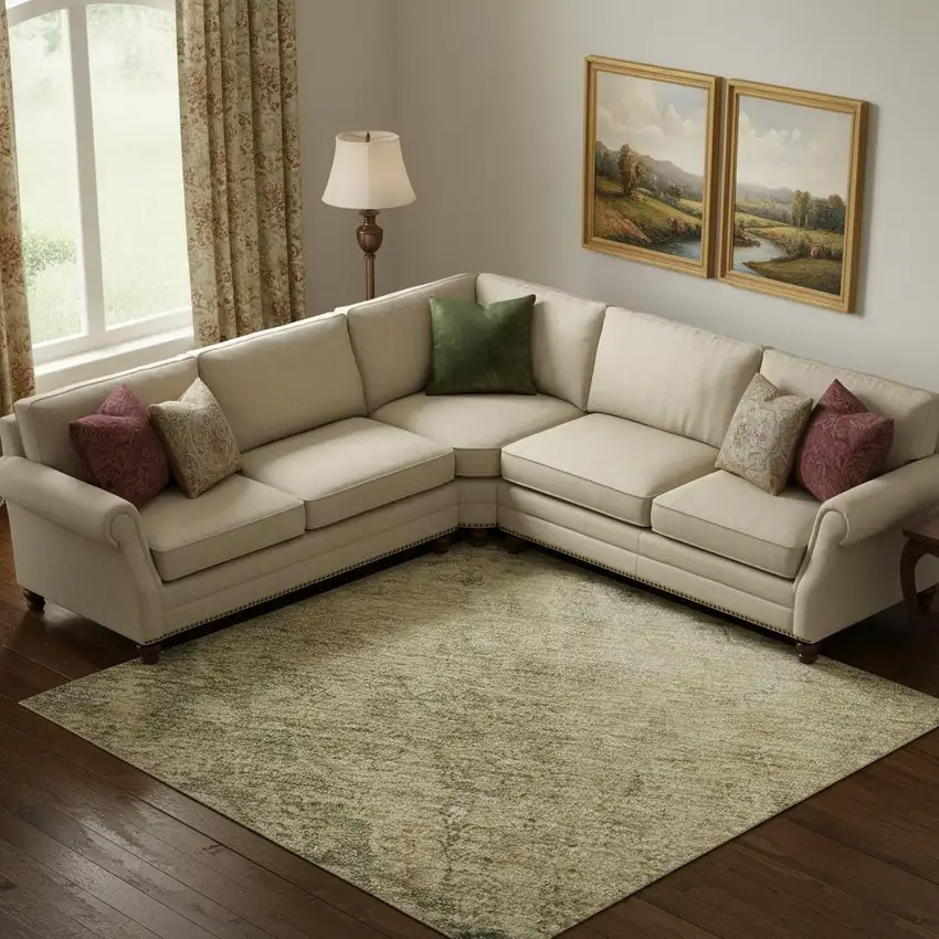 Artichoke Green Beige And Tan Medallion Washable Area Rug With UV Protection Photo 2