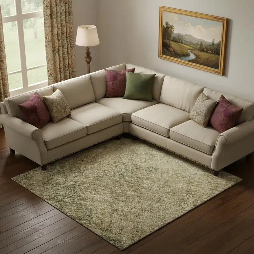 Artichoke Green Beige And Tan Medallion Washable Area Rug With UV Protection Photo 2