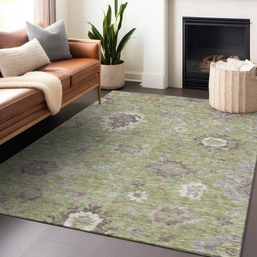 Artichoke Green Beige And Taupe Floral Medallion Washable Area Rug With UV Protection Photo 5