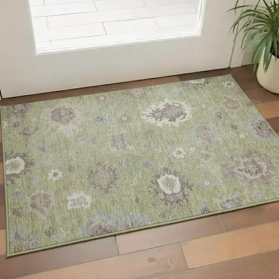 Artichoke Green Beige And Taupe Floral Medallion Washable Area Rug With UV Protection Photo 1