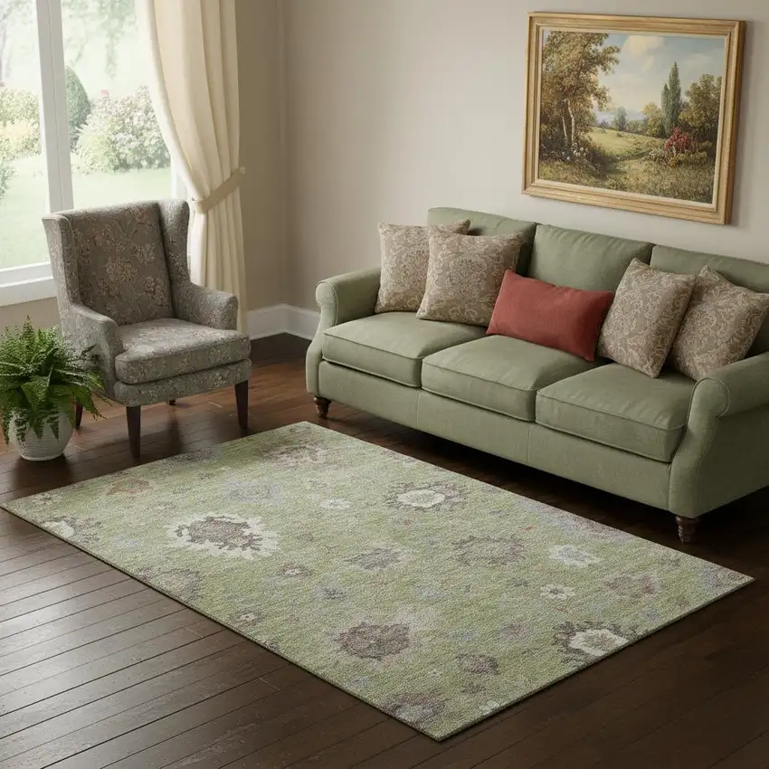 Artichoke Green Beige And Taupe Floral Medallion Washable Area Rug With UV Protection Photo 1
