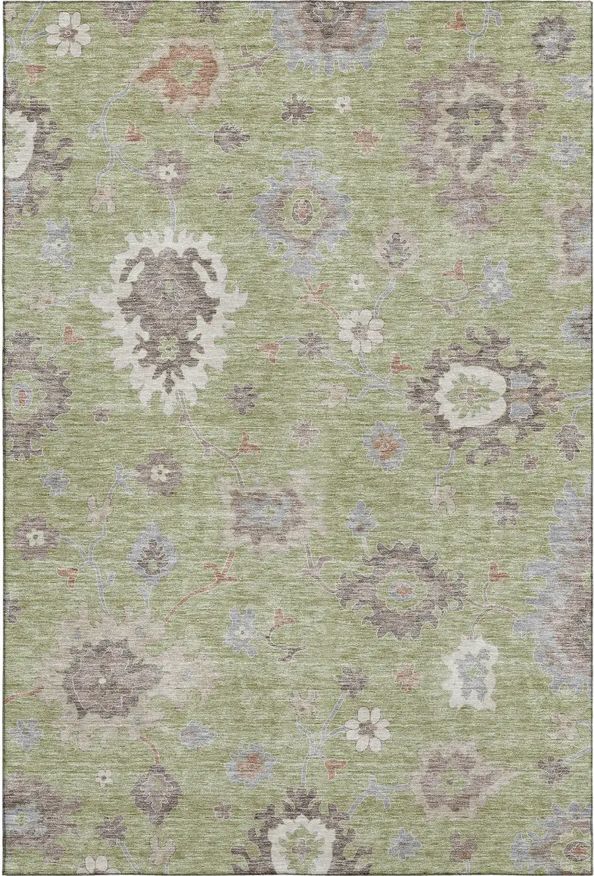 Artichoke Green Beige And Taupe Floral Medallion Washable Area Rug With UV Protection Photo 1