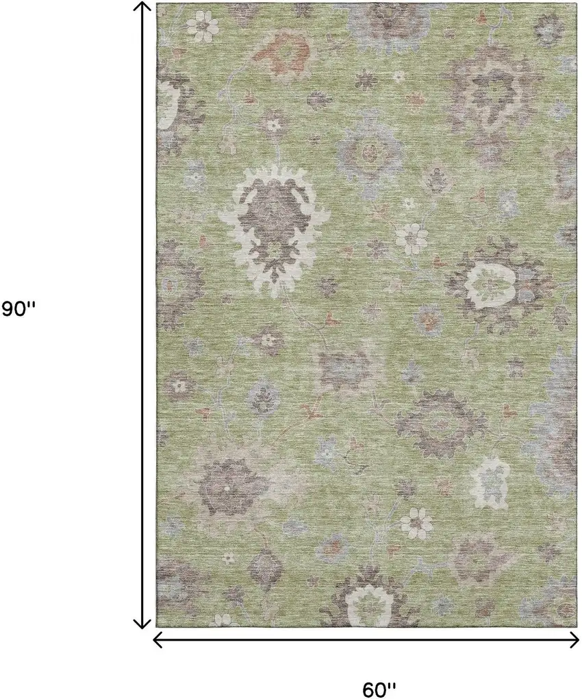 Artichoke Green Beige And Taupe Floral Medallion Washable Area Rug With UV Protection Photo 3