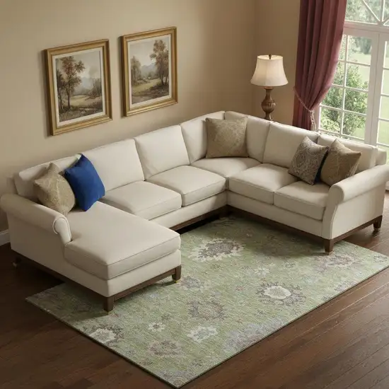 Artichoke Green Beige And Taupe Floral Medallion Washable Area Rug With UV Protection Photo 1