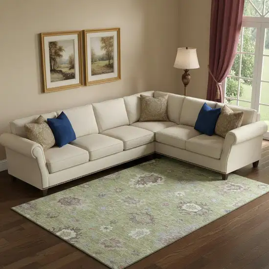 Artichoke Green Beige And Taupe Floral Medallion Washable Area Rug With UV Protection Photo 1