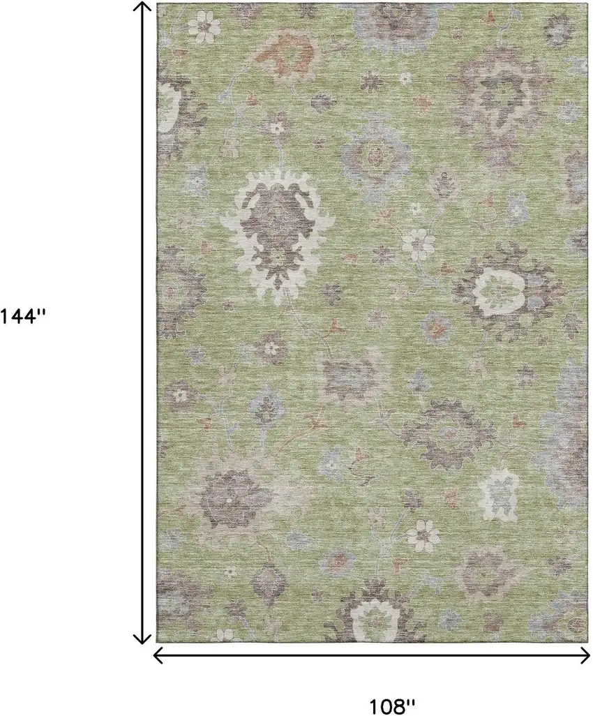 Artichoke Green Beige And Taupe Floral Medallion Washable Area Rug With UV Protection Photo 3
