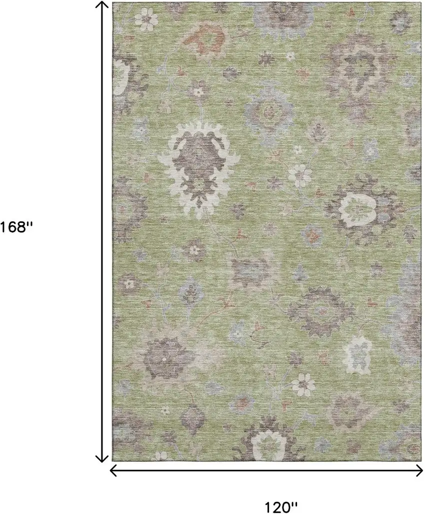 Artichoke Green Beige And Taupe Floral Medallion Washable Area Rug With UV Protection Photo 3