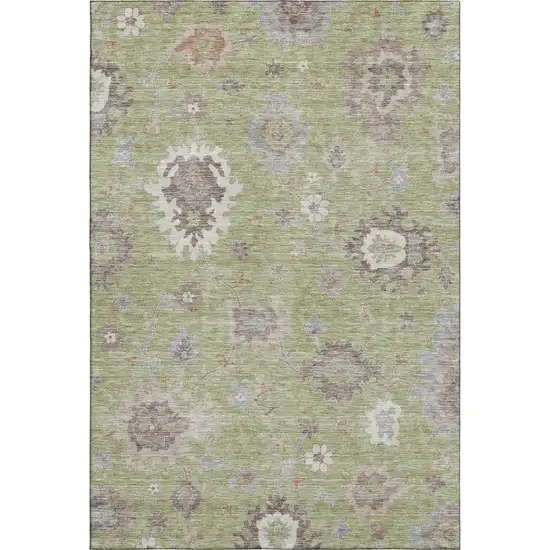Artichoke Green Beige And Taupe Floral Medallion Washable Area Rug With UV Protection Photo 1