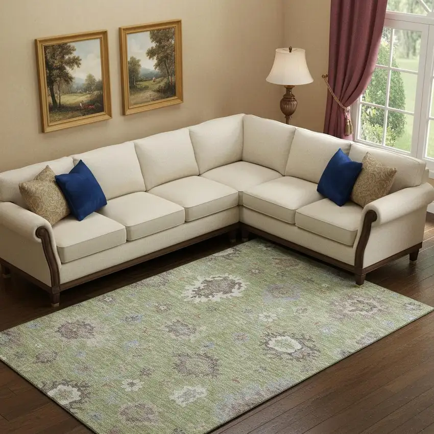 Artichoke Green Beige And Taupe Floral Medallion Washable Area Rug With UV Protection Photo 1