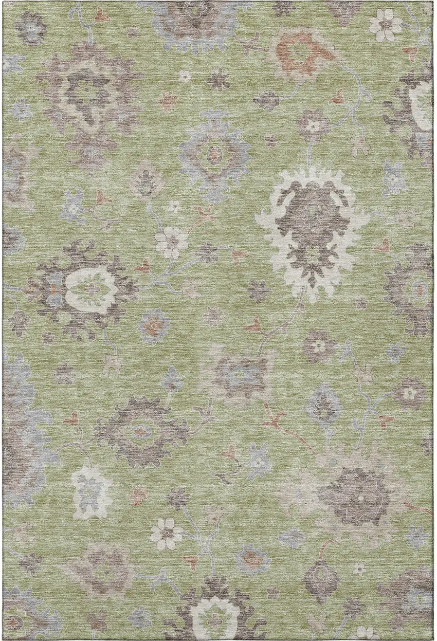 Artichoke Green Beige And Taupe Floral Medallion Washable Area Rug With UV Protection Photo 3