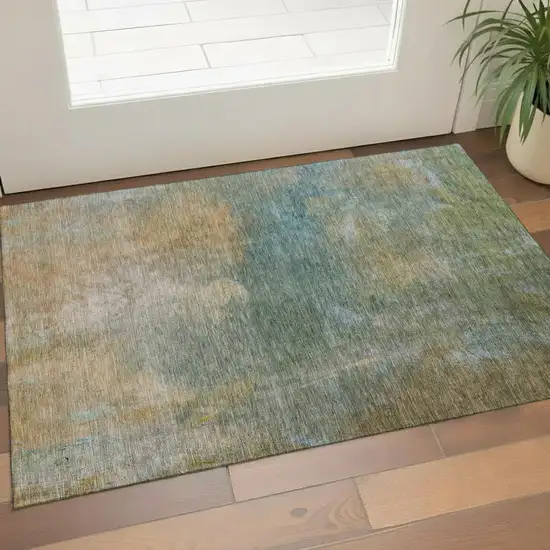 Artichoke Green Beige And Teal Abstract Washable Area Rug With UV Protection Photo 1
