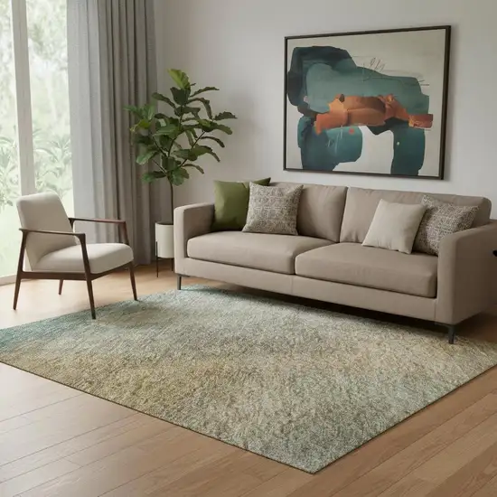 Artichoke Green Beige And Teal Abstract Washable Area Rug With UV Protection Photo 2