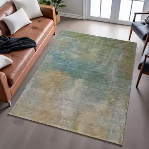 Photo of Artichoke Green Beige And Teal Abstract Washable Area Rug With UV Protection