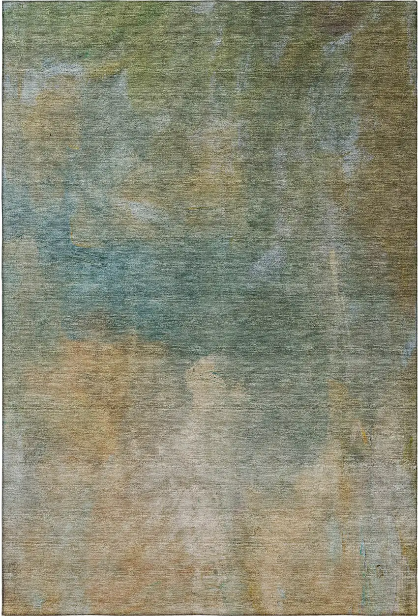 Artichoke Green Beige And Teal Abstract Washable Area Rug With UV Protection Photo 5