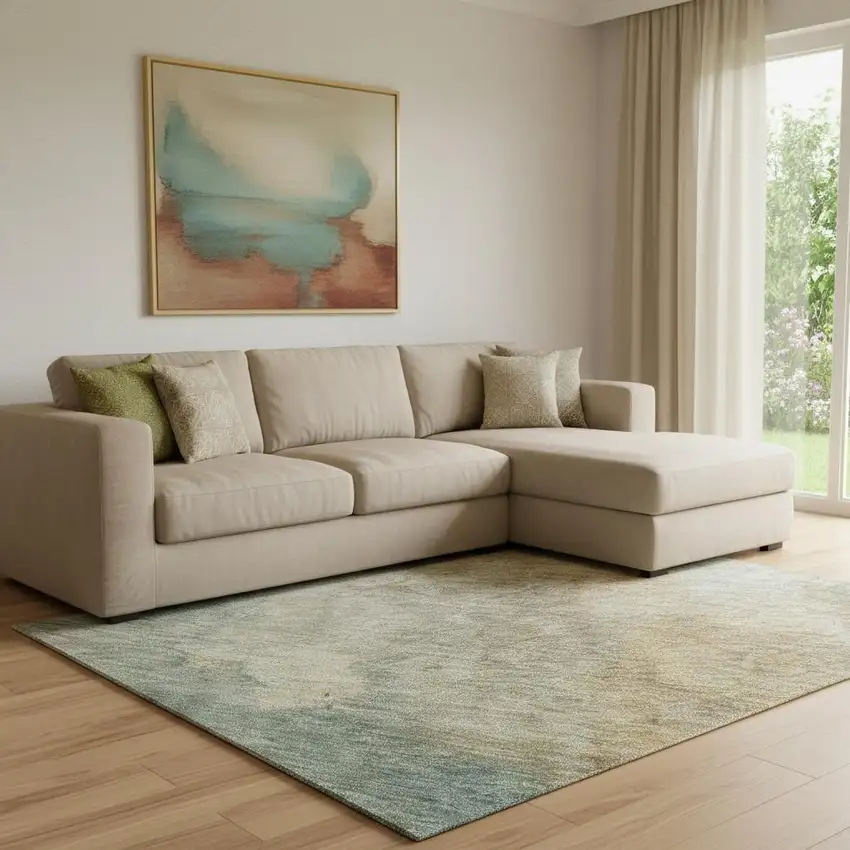 Artichoke Green Beige And Teal Abstract Washable Area Rug With UV Protection Photo 2