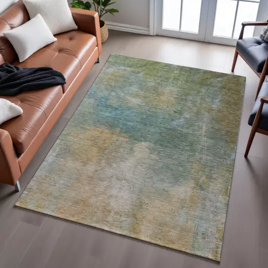 Artichoke Green Beige And Teal Abstract Washable Area Rug With UV Protection Photo 3