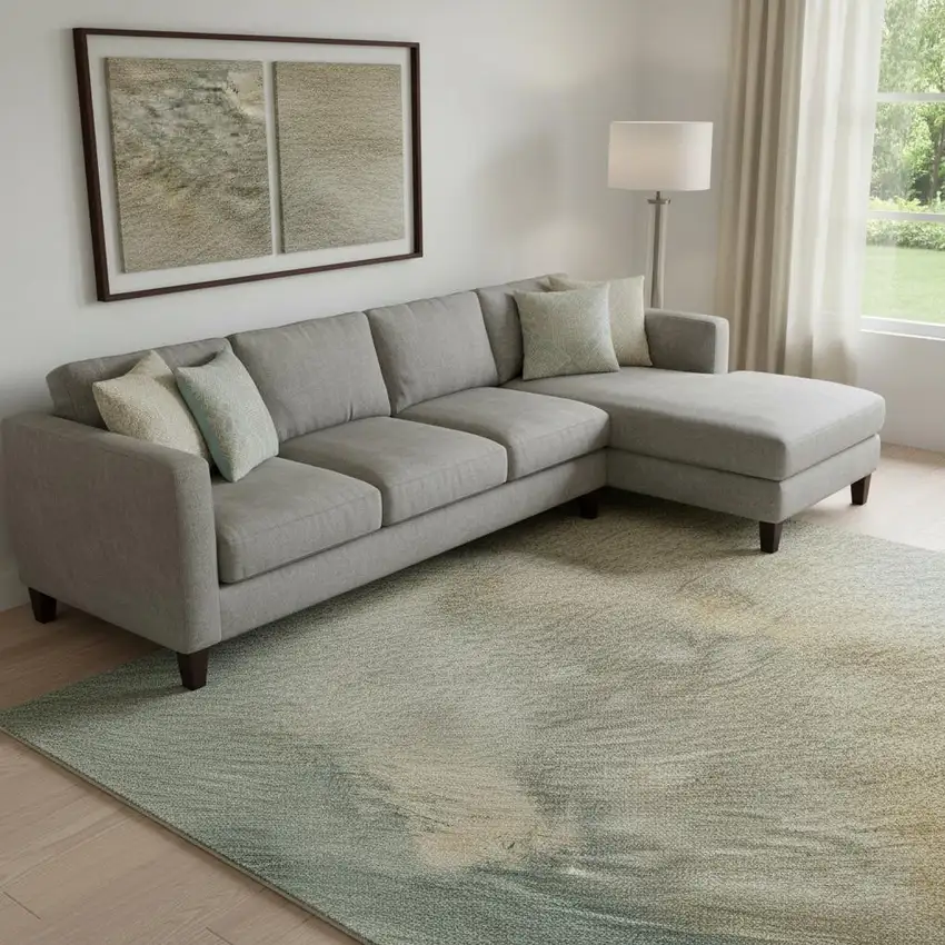 Artichoke Green Beige And Teal Abstract Washable Area Rug With UV Protection Photo 2