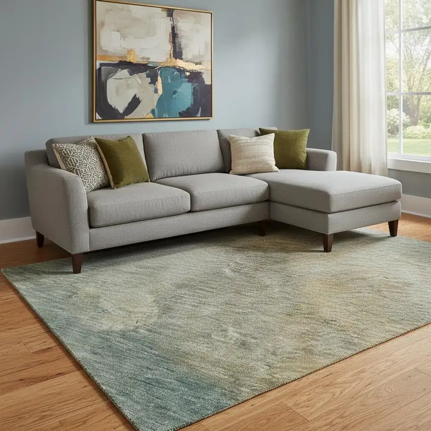 Artichoke Green Beige And Teal Abstract Washable Area Rug With UV Protection Photo 2