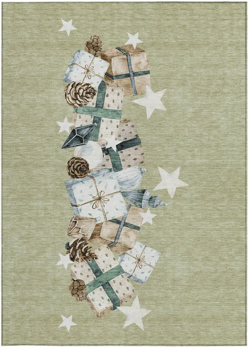 Artichoke Green Beige Ivory And Taupe Presents Washable Indoor Outdoor Area Rug Photo 3