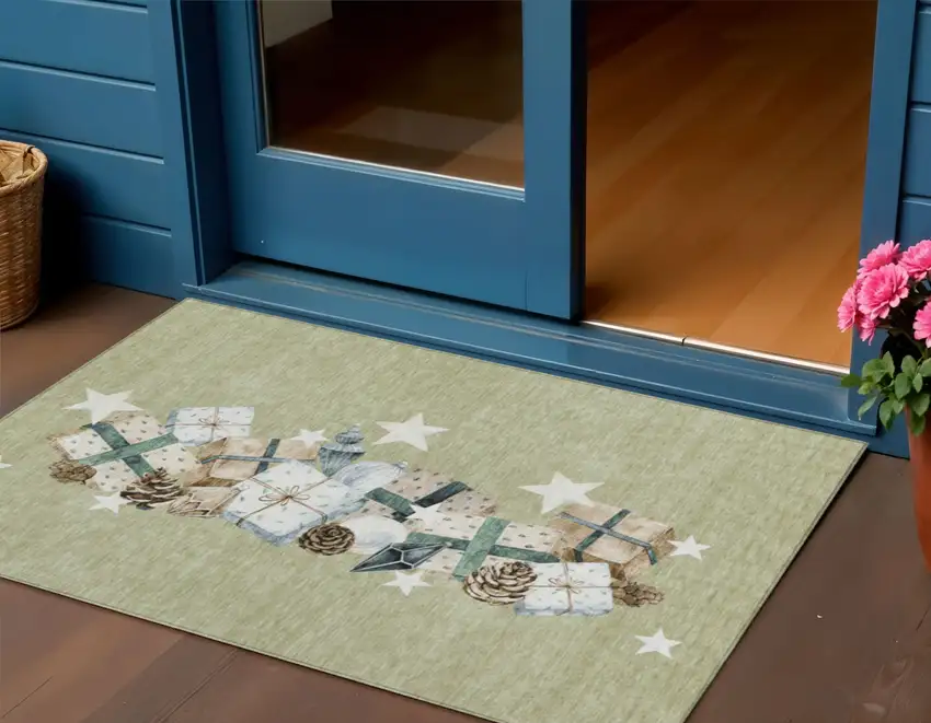 Artichoke Green Beige Ivory And Taupe Geometric Washable Indoor Outdoor Area Rug Photo 2