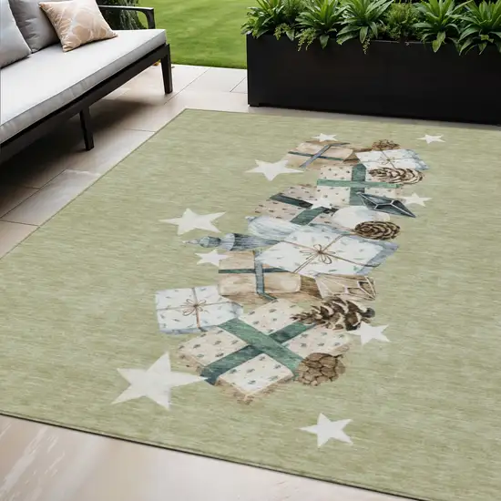 Artichoke Green Beige Ivory And Taupe Geometric Washable Indoor Outdoor Area Rug Photo 2