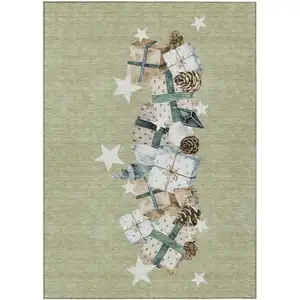 Photo of Artichoke Green Beige Ivory And Taupe Geometric Washable Indoor Outdoor Area Rug