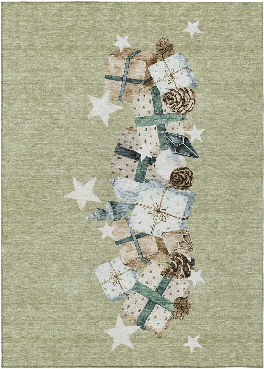 Artichoke Green Beige Ivory And Taupe Geometric Washable Indoor Outdoor Area Rug Photo 1