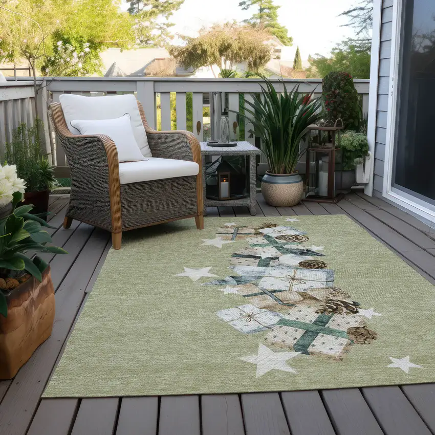 Artichoke Green Beige Ivory And Taupe Geometric Washable Indoor Outdoor Area Rug Photo 7