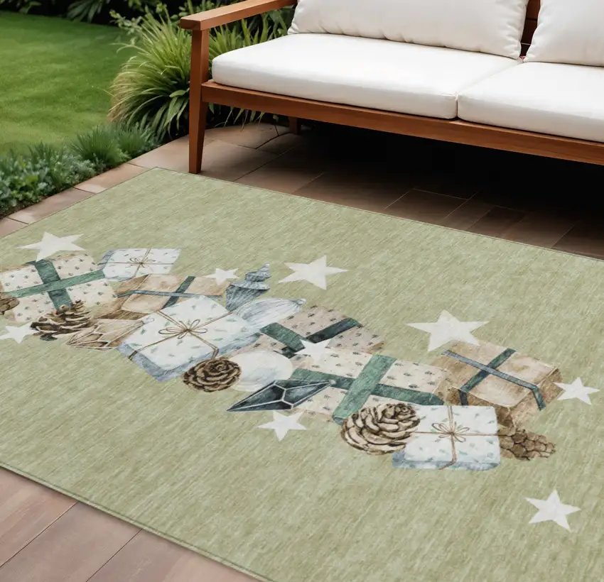 Artichoke Green Beige Ivory And Taupe Presents Washable Indoor Outdoor Area Rug Photo 1