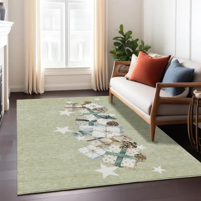 Artichoke Green Beige Ivory And Taupe Presents Washable Indoor Outdoor Area Rug Photo 6