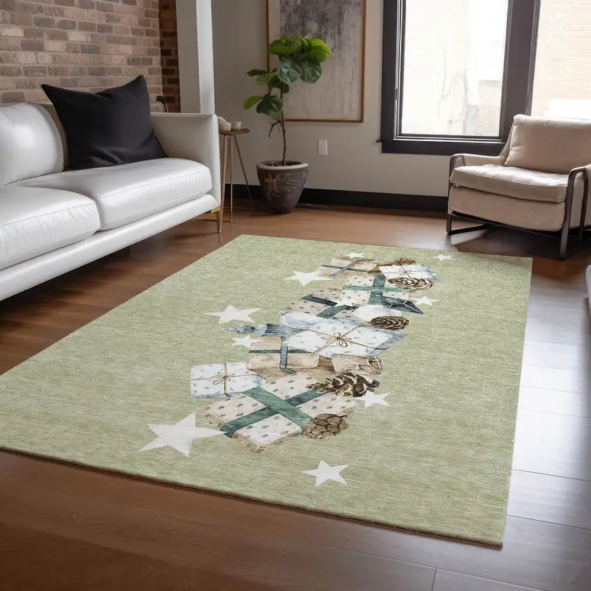 Artichoke Green Beige Ivory And Taupe Presents Washable Indoor Outdoor Area Rug Photo 5