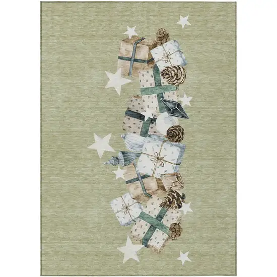 Artichoke Green Beige Ivory And Taupe Geometric Washable Indoor Outdoor Area Rug Photo 1