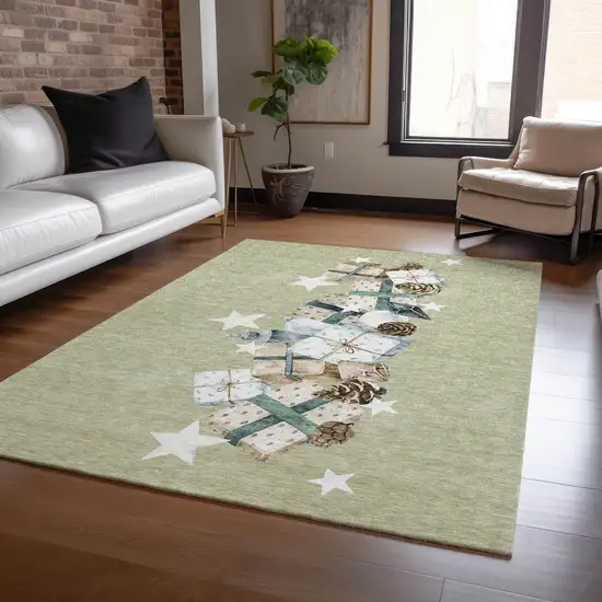 Artichoke Green Beige Ivory And Taupe Geometric Washable Indoor Outdoor Area Rug Photo 6