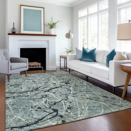 Artichoke Green Black And Ivory Abstract Washable Indoor Outdoor Area Rug Photo 6