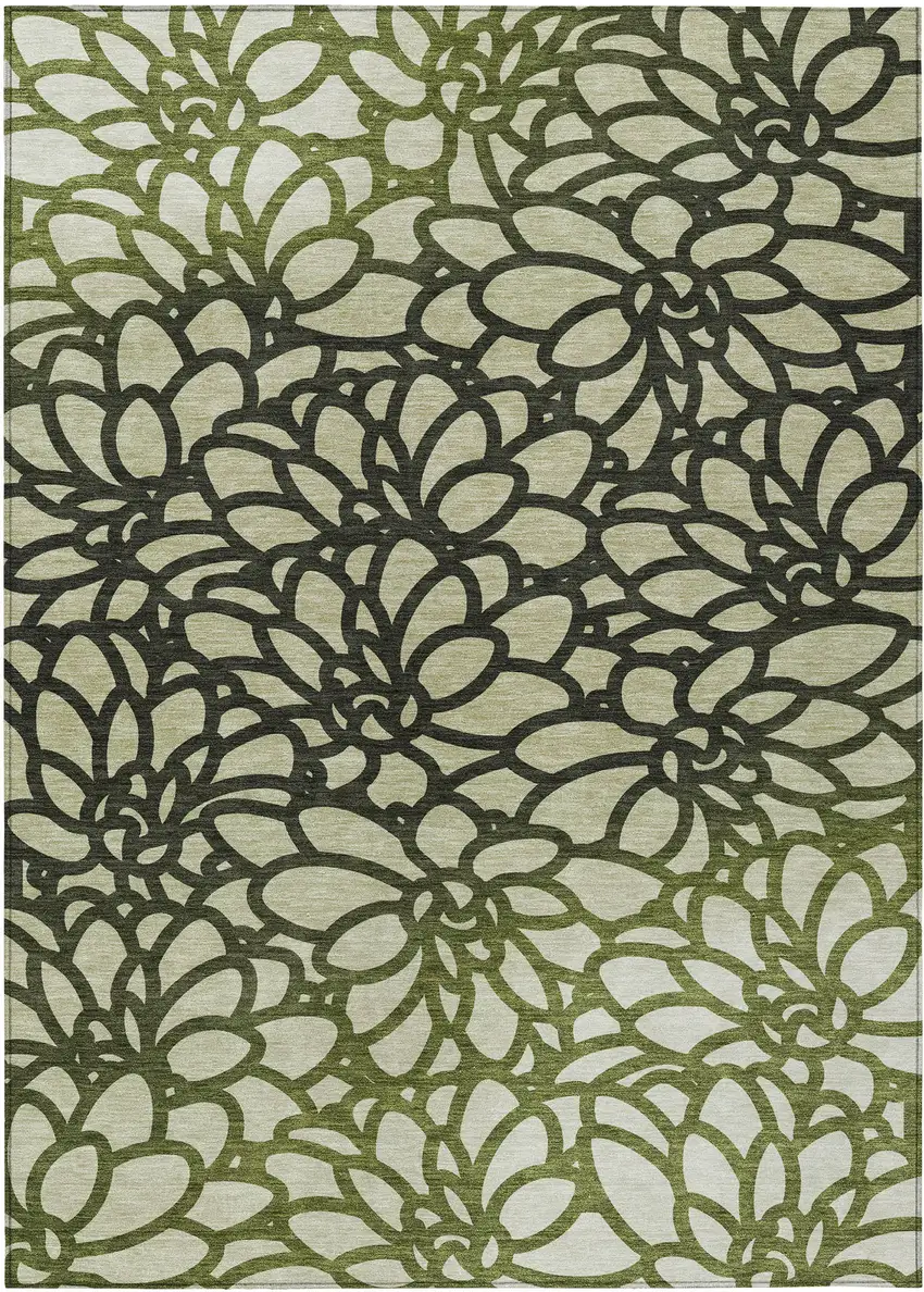 Artichoke Green Black And Ivory Botanical Leaves Washable Indoor Outdoor Area Rug Photo 1