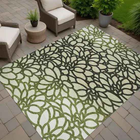 Artichoke Green Black And Ivory Botanical Leaves Washable Indoor Outdoor Area Rug Photo 7