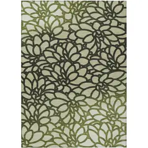 Photo of Artichoke Green Black And Ivory Botanical Leaves Washable Indoor Outdoor Area Rug