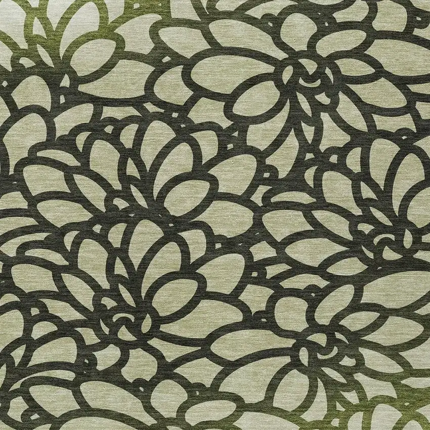 Artichoke Green Black And Ivory Botanical Leaves Washable Indoor Outdoor Area Rug Photo 2