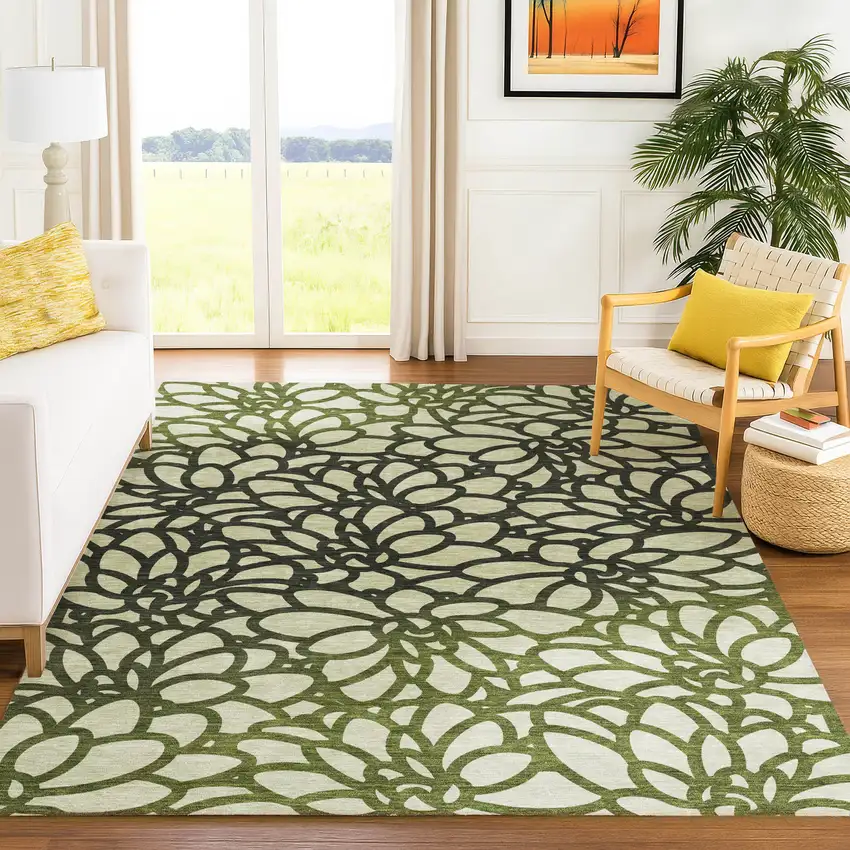 Artichoke Green Black And Ivory Botanical Leaves Washable Indoor Outdoor Area Rug Photo 5