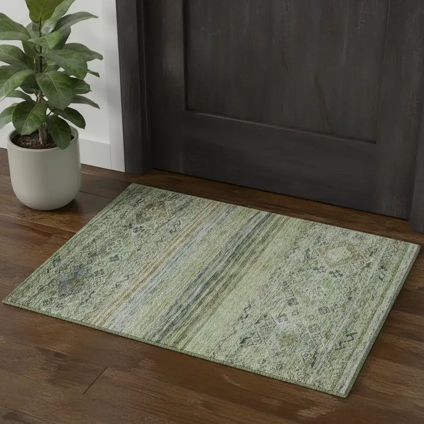 Artichoke Green Blue And Beige Abstract Geometric Washable Area Rug With UV Protection Photo 1