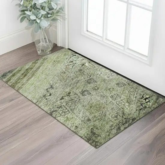 Artichoke Green Blue And Beige Abstract Geometric Washable Area Rug With UV Protection Photo 2