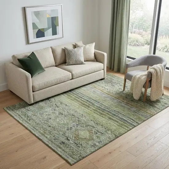 Artichoke Green Blue And Beige Abstract Geometric Washable Area Rug With UV Protection Photo 1