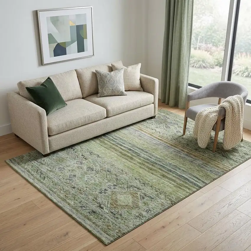 Artichoke Green Blue And Beige Abstract Geometric Washable Area Rug With UV Protection Photo 1