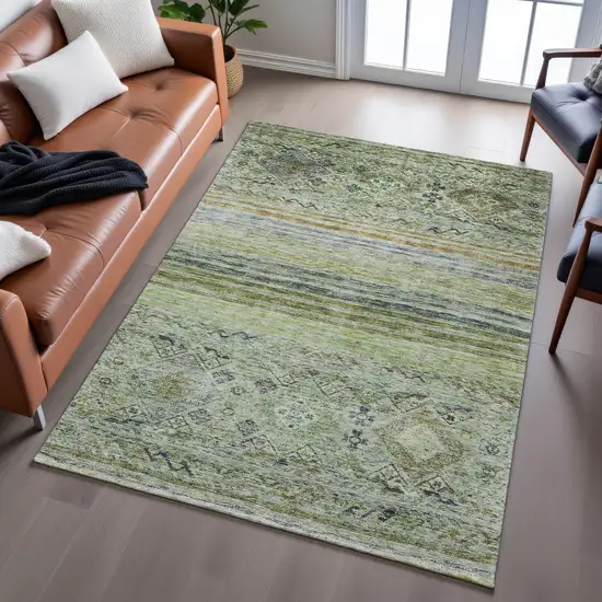 Artichoke Green Blue And Beige Abstract Geometric Washable Area Rug With UV Protection Photo 5
